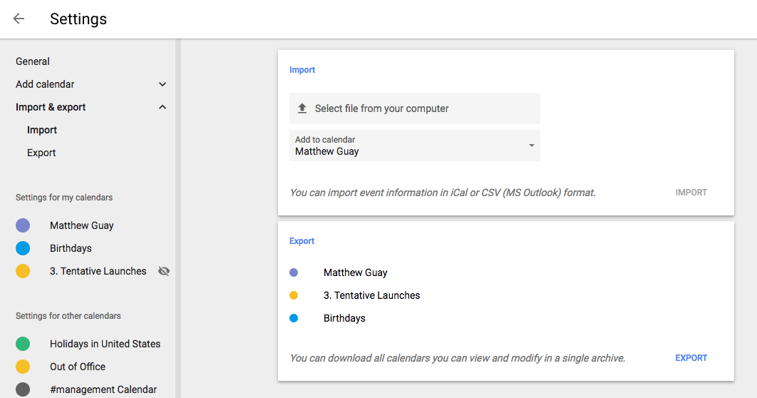 Import/export settings Google Calendar