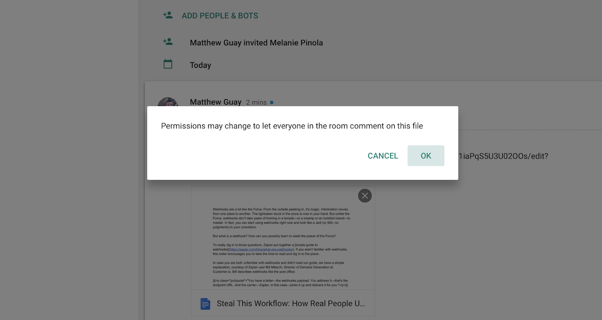 Share Documents in Google Hangouts Chat