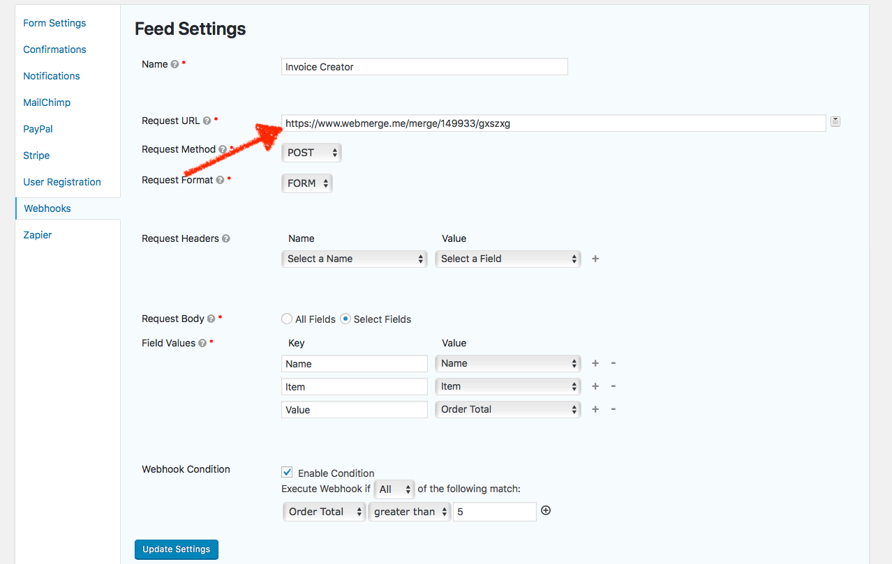 Add webhooks URL to Gravity Forms