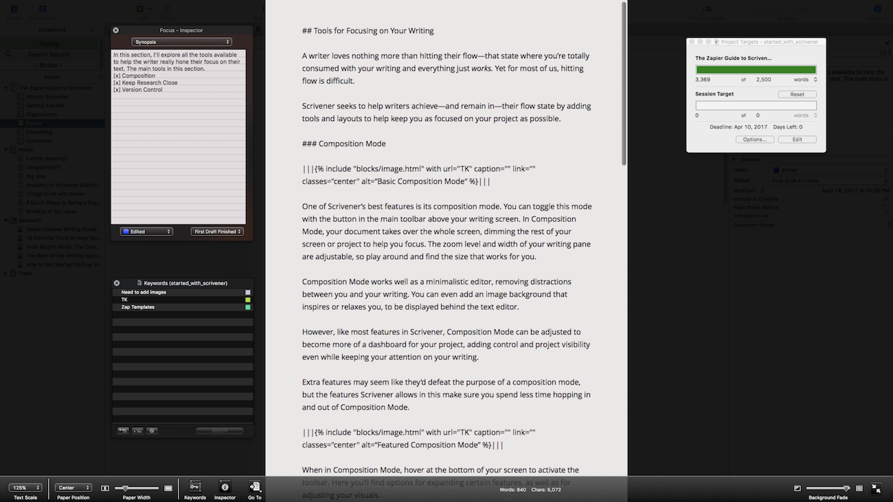 Scrivener full-screen mode