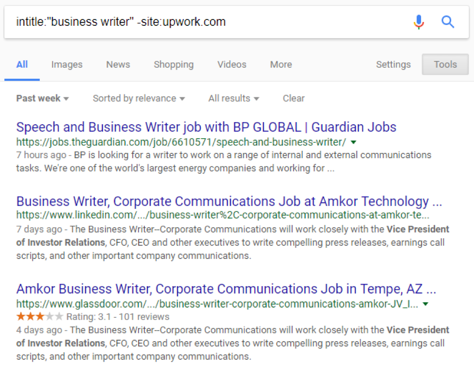 Google search for intitle:'business writer' -site:upwork.com