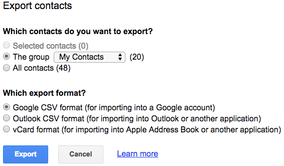 Select which Google Contacts to export