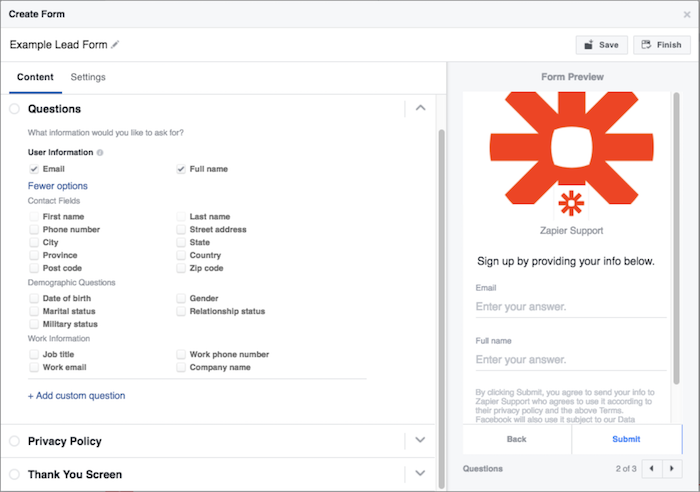 Facebook Lead Form