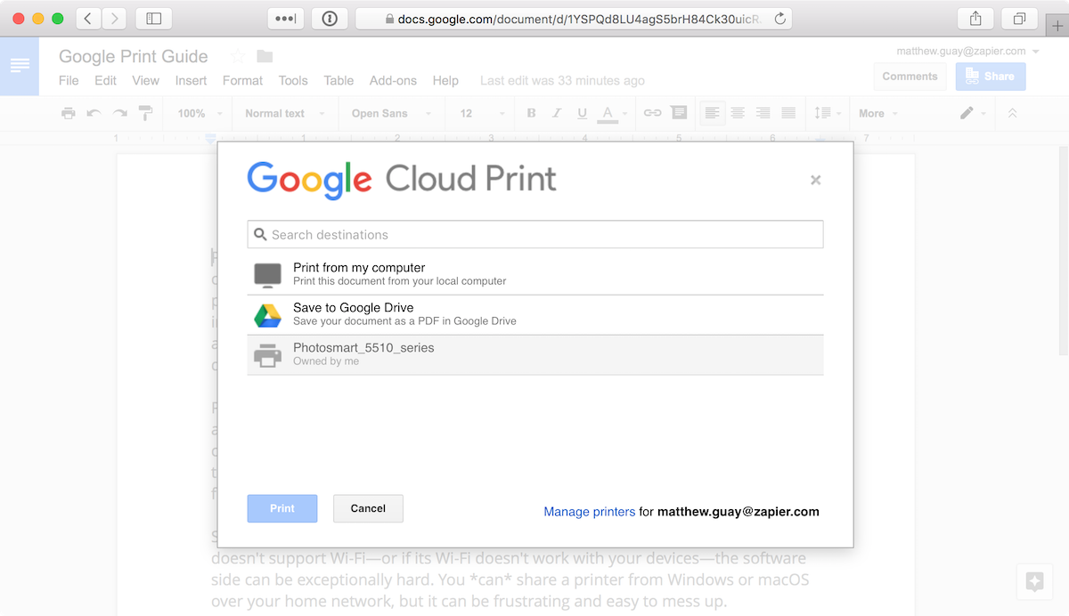 Google Cloud Print in Google Docs