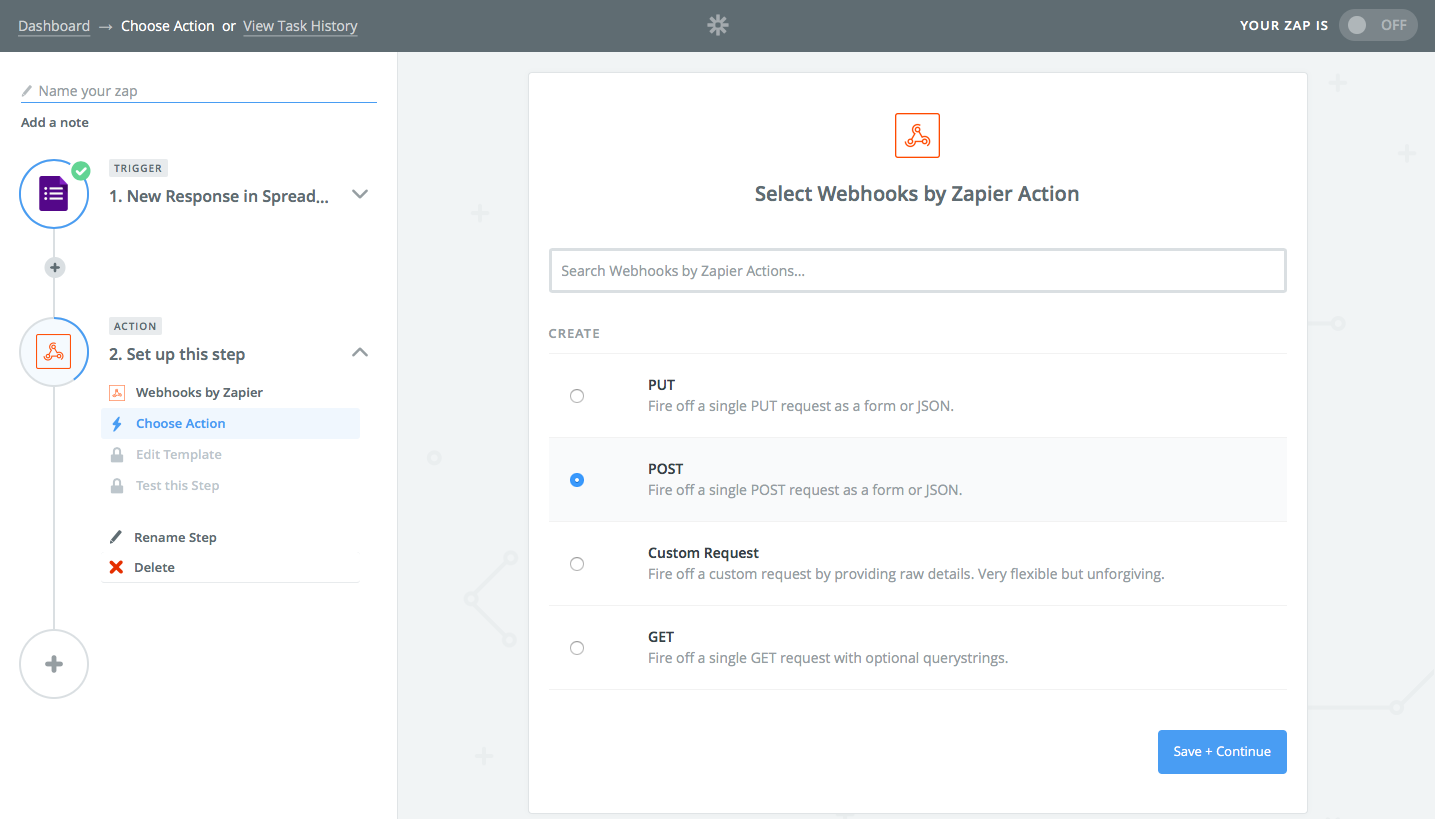 Zapier webhook action