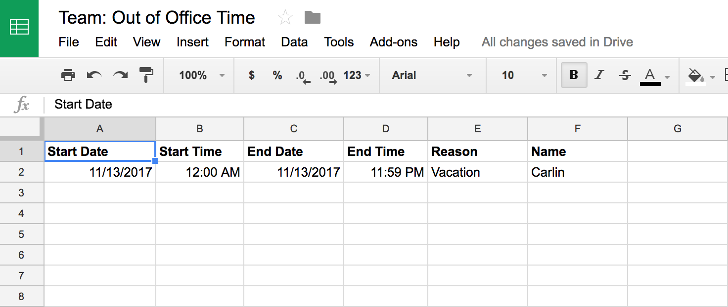 Set up your Google Sheet with headers and sample data