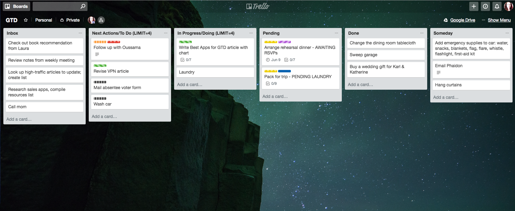 Pared down sample board of Trello for GTD