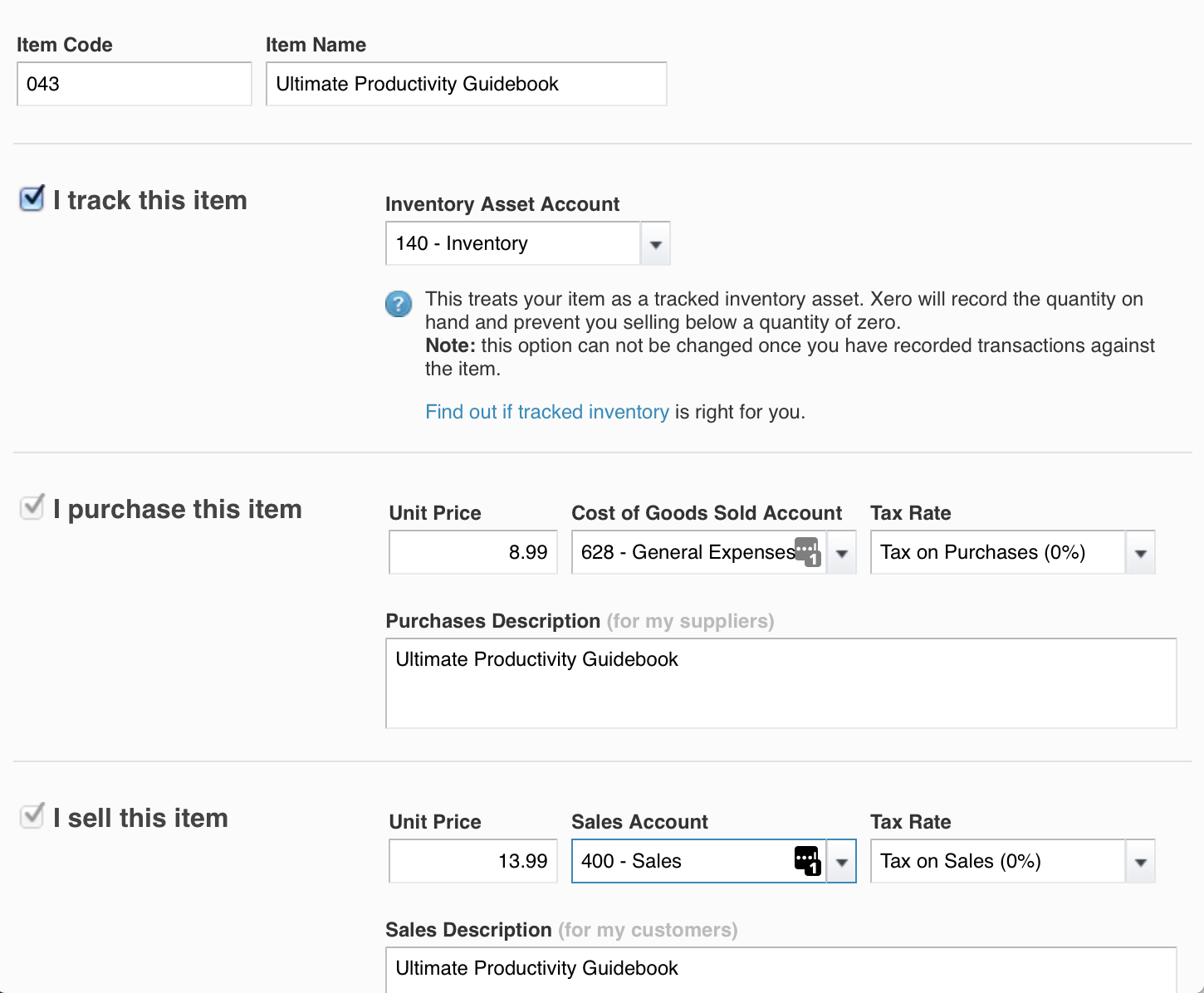 Xero inventory management screenshot