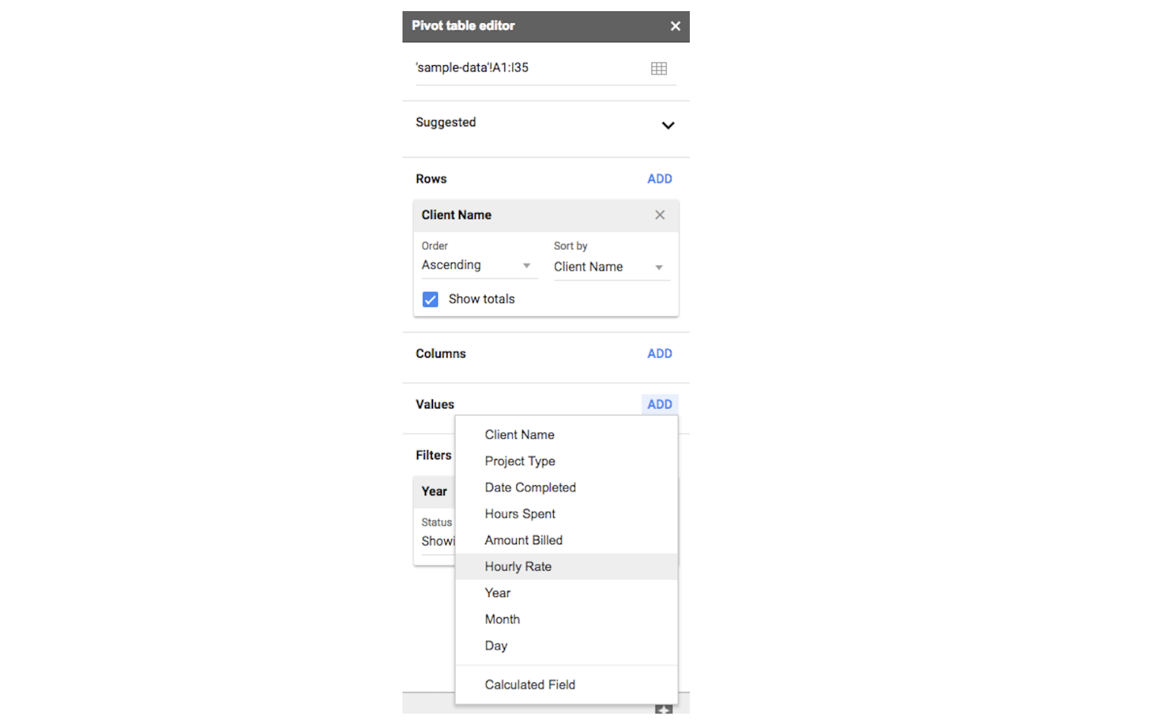 Replacing with Amount Billed with Hourly Rate in the Values section