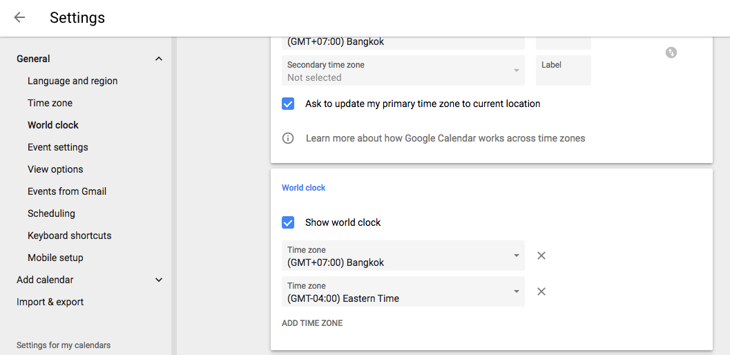 Google Calendar World Clock settings