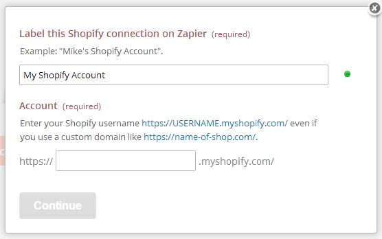 Name the Shopify account inside Zapier