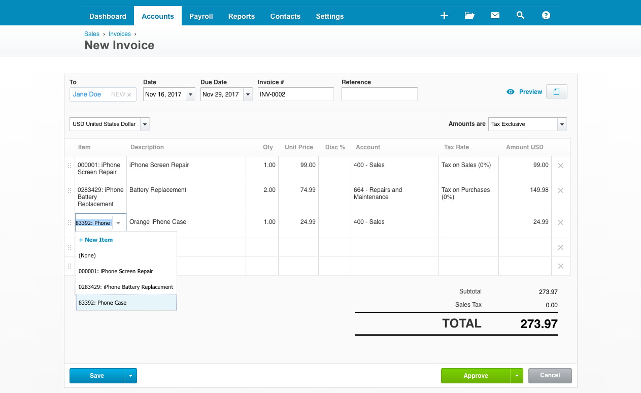 Xero invoice with line items