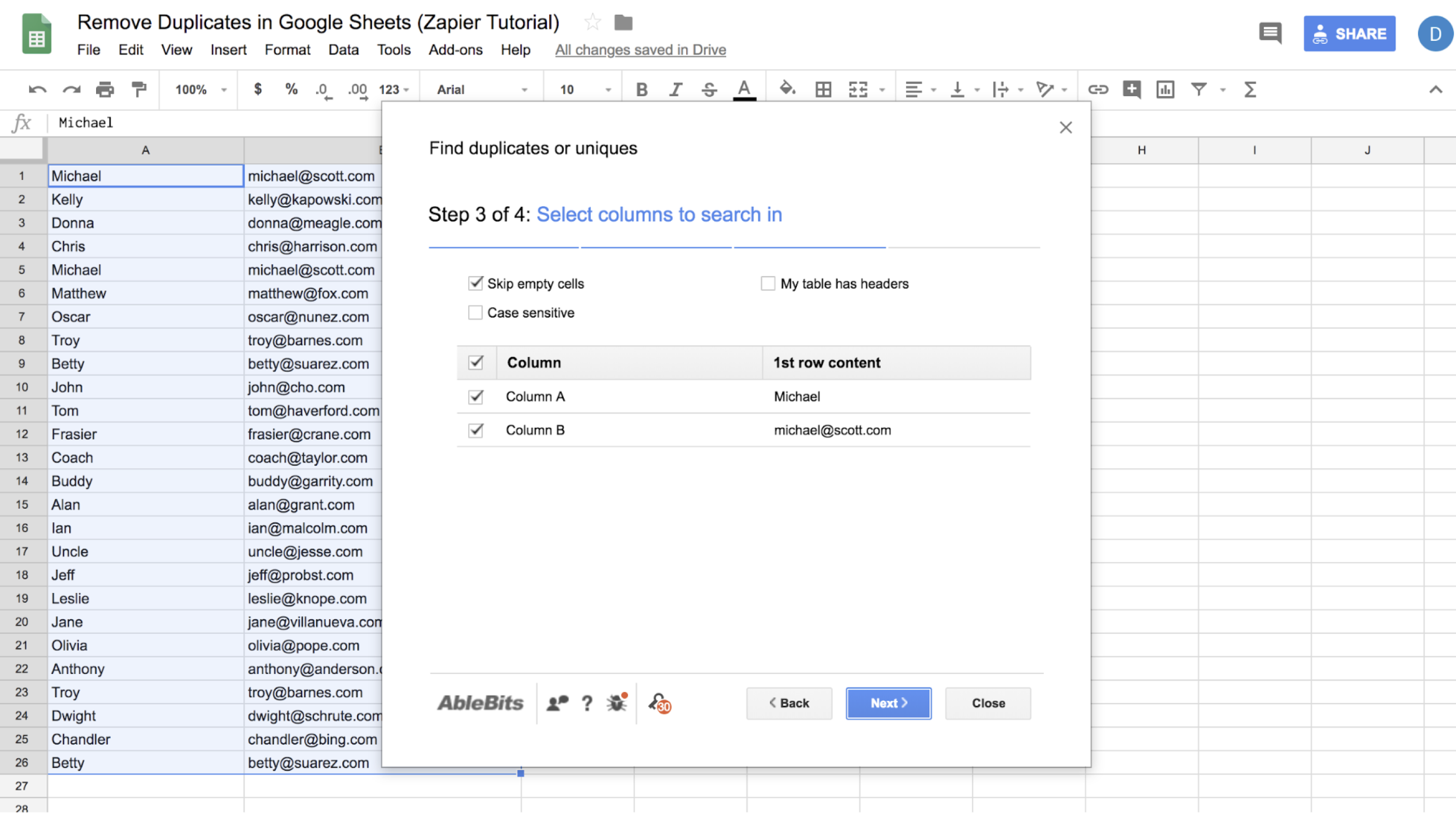 Duplicate unique value. Select columns. Google Sheets. How to delete Duplications in Google Sheets.