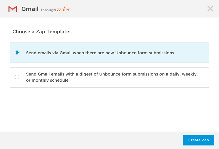 Unbounce Zap template page