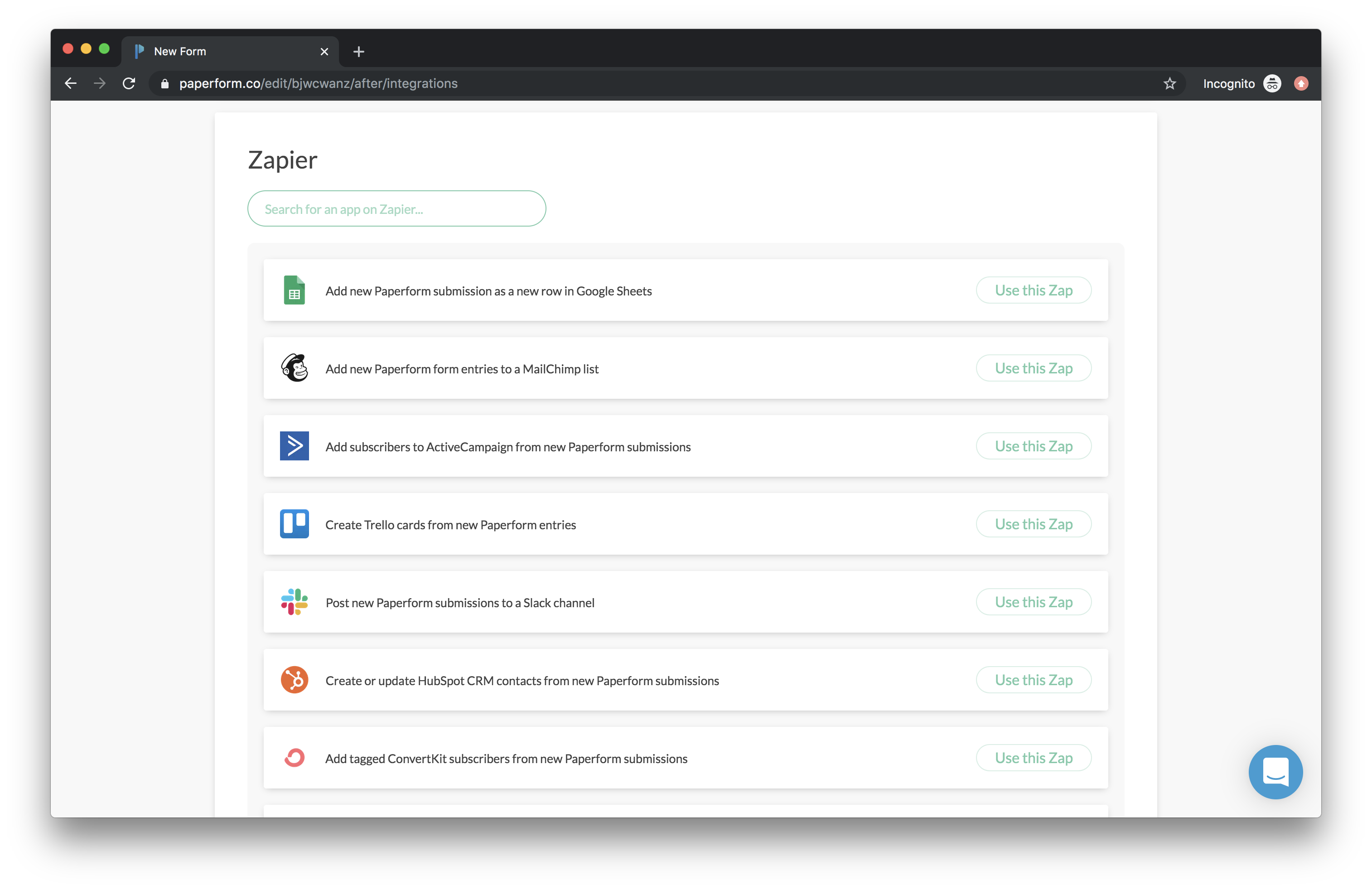 Paperform's integration library powered by Zapier
