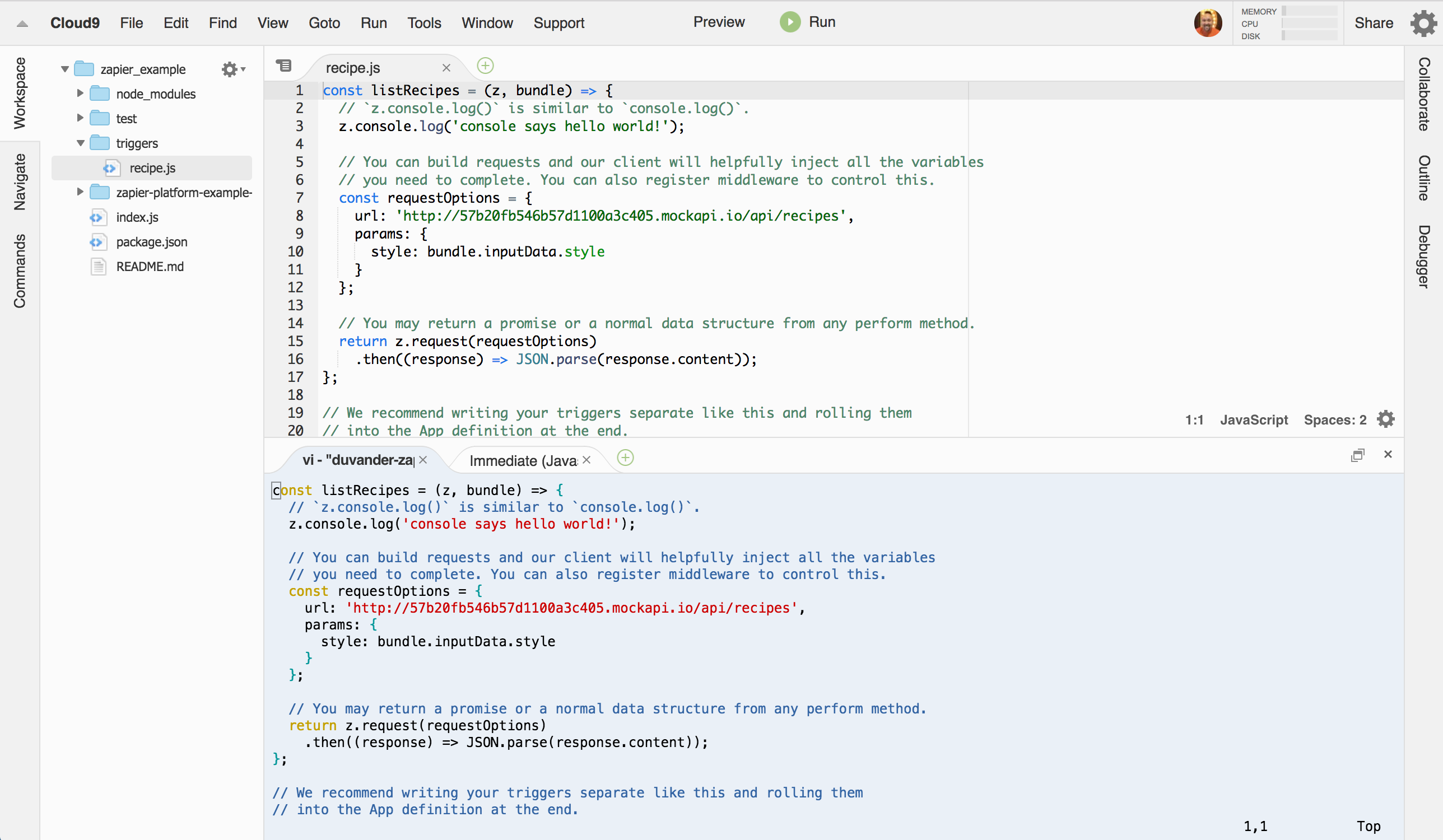 Cloud9 terminal and file browsing/editing view