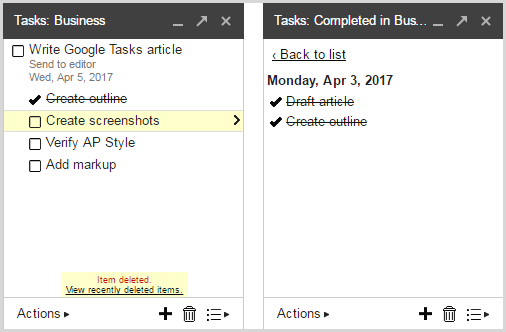 deleted tasks in Google Tasks