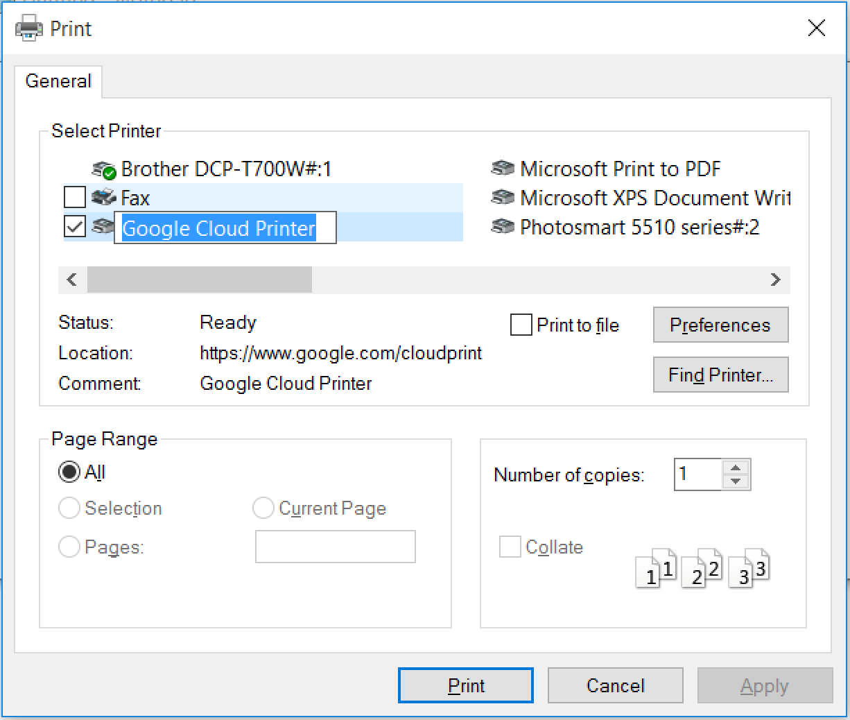 Google Cloud Printer Windows