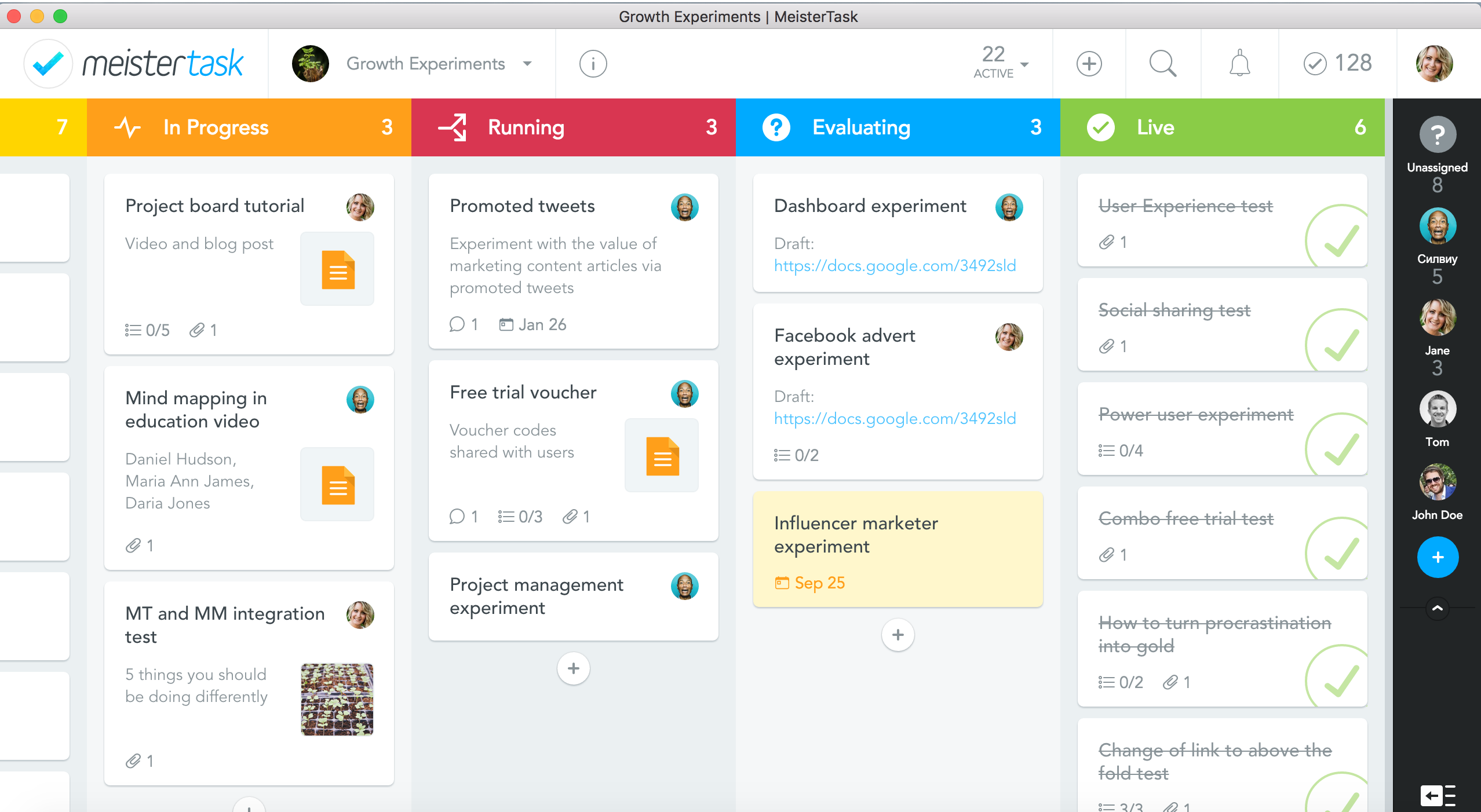 MeisterLabs' growth experiment project board