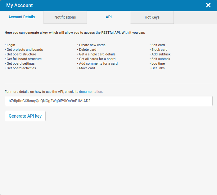 Kanbanize API Key in account