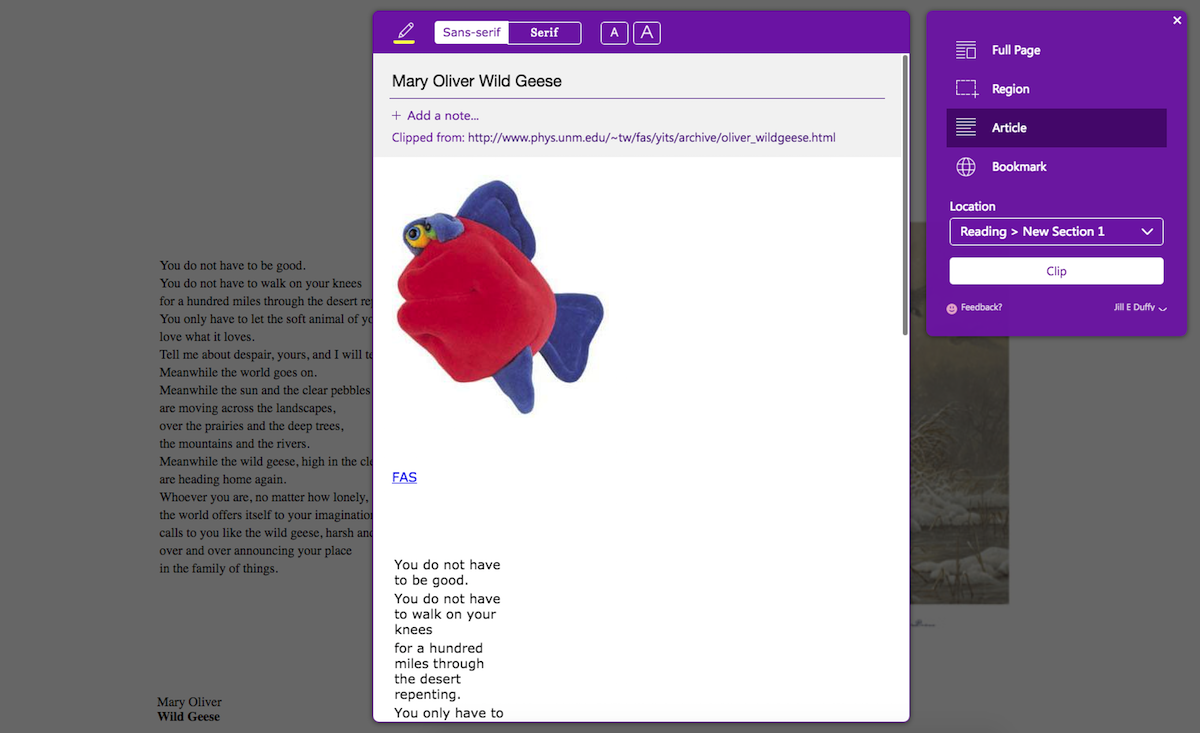 OneNote web clipper, poetry example, 2018