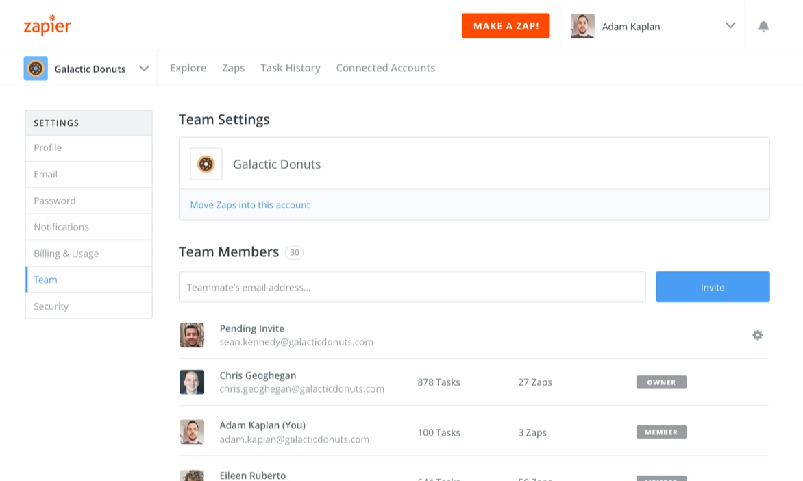 Screenshot of team management interface