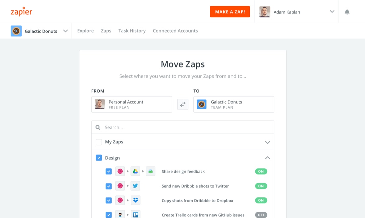 Screenshot of Zap mover interface